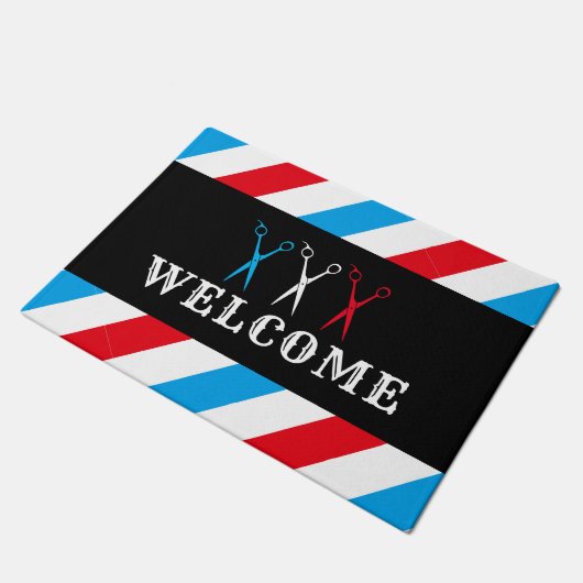 Barbershop Blue Red Stripes Empfang Fußmatte (Schrägansicht)