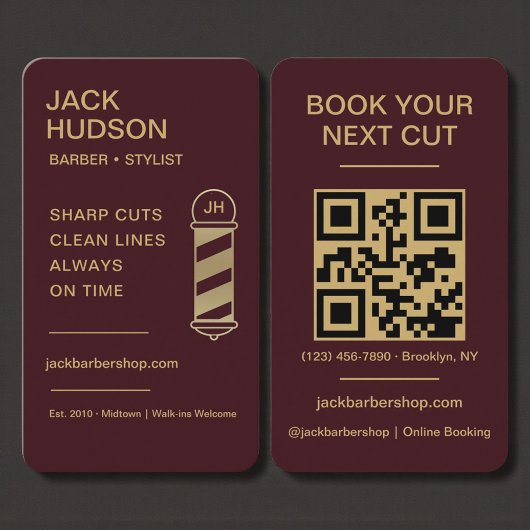 Barbershop Burgundy Gold Barber Haircut QR Code Visitenkarte
