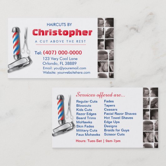 Barbershop Business Card Barber Pol, Clippers com Visitenkarte (Vorne/Hinten)