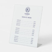 Barbershop elegantes Menü mit Service in Weiß und Sockelschild (Vorderseite)
