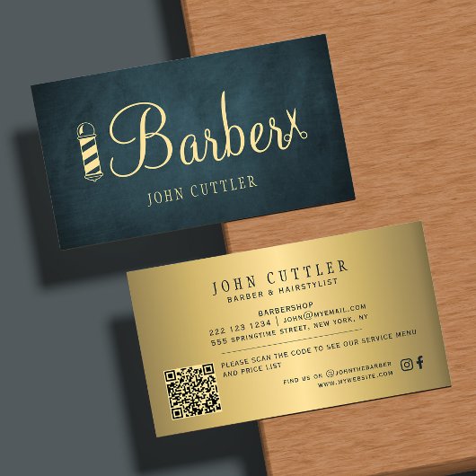 Barbershop gold navy pole scissors barber QR code Visitenkarte