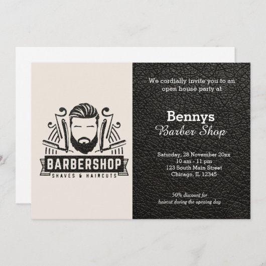 Barbershop Leder sieht geöffnet aus Einladung (Vorne/Hinten)