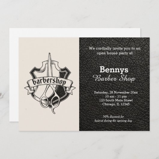 Barbershop Leder sieht geöffnet aus Einladung (Vorne/Hinten)