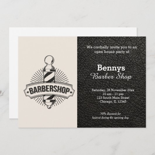 Barbershop Leder sieht geöffnet aus Einladung (Vorne/Hinten)