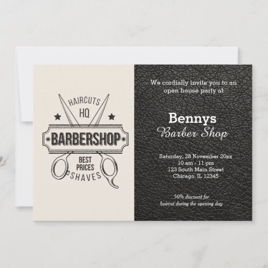 Barbershop Leder sieht geöffnet aus Einladung (Vorderseite)