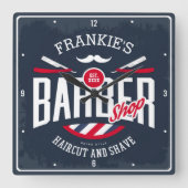 Barbershop NAME Haircut Shave Retro Barber Shop Quadratische Wanduhr (Vorderseite)