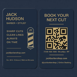 Barbershop Navy Blue Gold Barber Haircut QR Code Visitenkarte