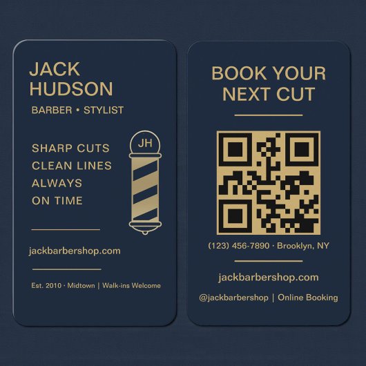 Barbershop Navy Blue Gold Barber Haircut QR Code Visitenkarte