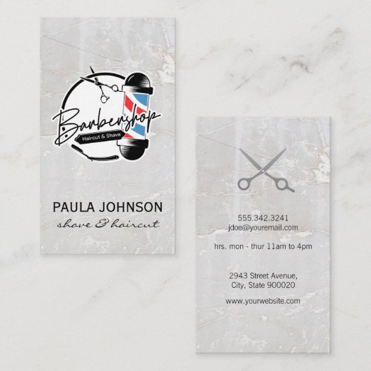 Barbershop Pole | Weißstein | Schere Visitenkarte (Vorne/Hinten)