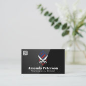 Barberstange und Scheren-Logo | QR-Code Visitenkarte (Stehend Vorderseite)