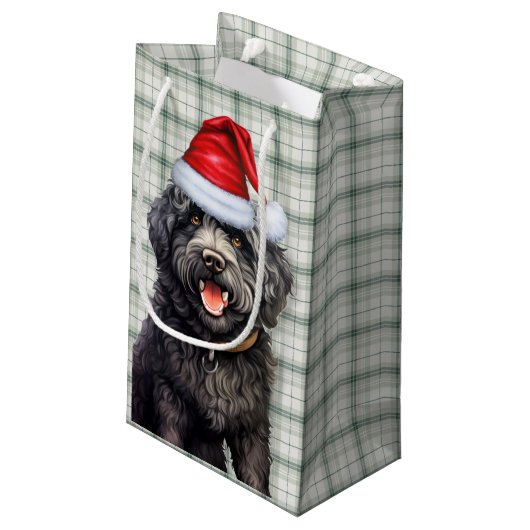 Barbet Dog Holiday Green Kariert Weihnachten Kleine Geschenktüte (Rückseite Schrägansicht)