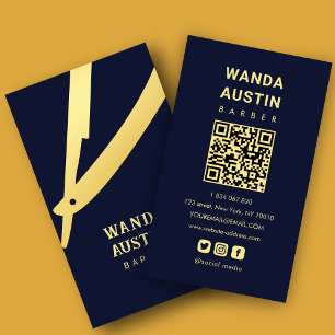 Barbier Navy Blau Und Gold Rasierer Qr Code  Visitenkarte