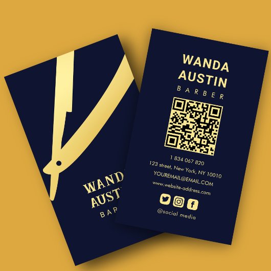 Barbier Navy Blau Und Gold Rasierer Qr Code  Visitenkarte