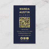 Barbier Navy Blau Und Gold Rasierer Qr Code  Visitenkarte (Rückseite)