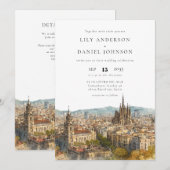 Barcelona Aquarell QR Code Hochzeit Einladung (Vorne/Hinten)