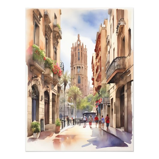 Barcelona Aquarellkunst Fotodruck (Vorne)