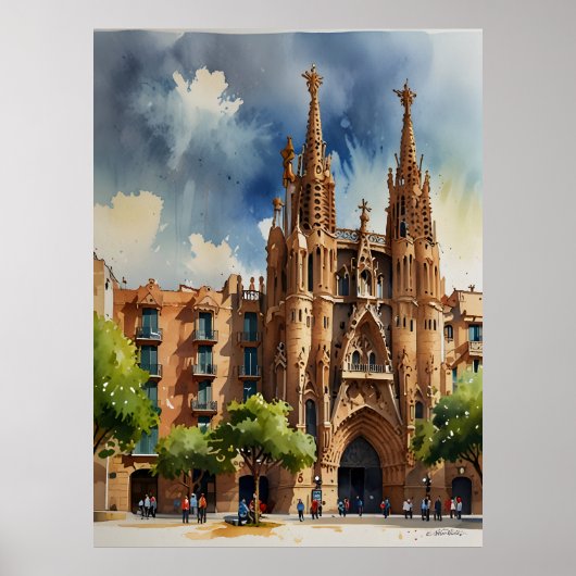 Barcelona Aquarellkunst Poster (Vorne)