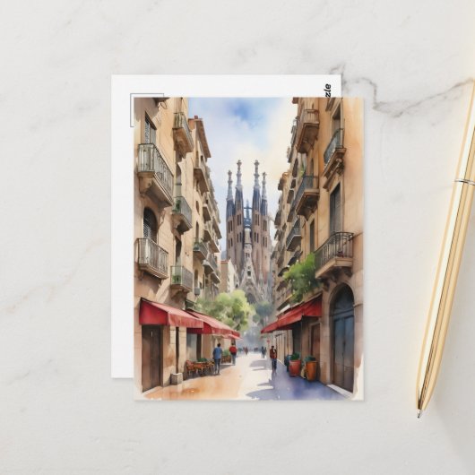 Barcelona Aquarellkunst Postkarte (Vorderseite/Rückseite Beispiel)