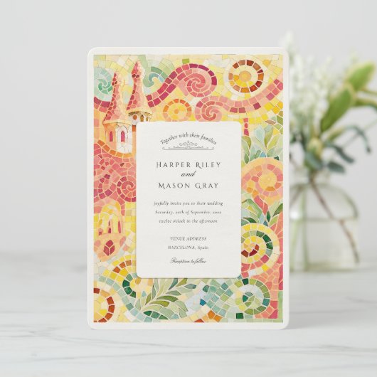 Barcelona Gaudí-Inspirierte Mosaikhochzeit Einladung (Stehend Vorderseite)