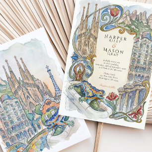 Barcelona Gaudí Wahrzeichen Aquarell-Hochzeit Einladung