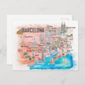 Barcelona Illustrierte Reisekarte mit Hauptstrasse Postkarte (Vorne/Hinten)