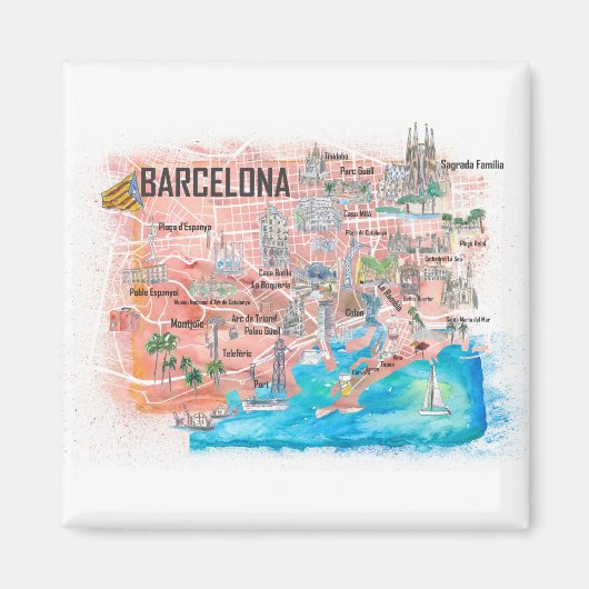 Barcelona Illustrierte Reisekarte mit Straßen Magnet (Vorne)