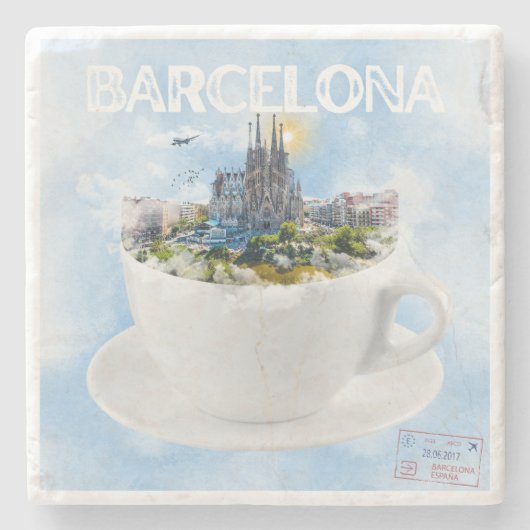 Barcelona im Teacup - Sagrada Familia Skyline Steinuntersetzer (Vorderseite)