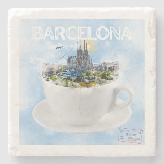 Barcelona im Teacup - Sagrada Familia Skyline Steinuntersetzer (Vorderseite)