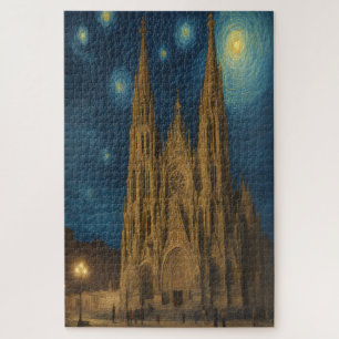 Barcelona Kathedrale bei Nacht im Stil von Van Gog Puzzle