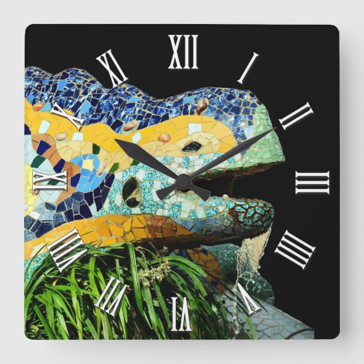 Barcelona Lizard Clock, Art, Park Guell, Katalonie Quadratische Wanduhr (Vorderseite)