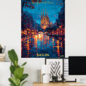Barcelona Nächte - Sagrada Familia Spiegela Poster (Heimbüro)