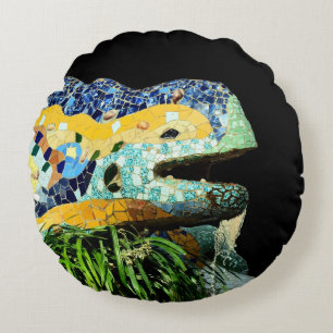 Barcelona Pillow, Spanien, Kunst, Lizard Fountain Rundes Kissen