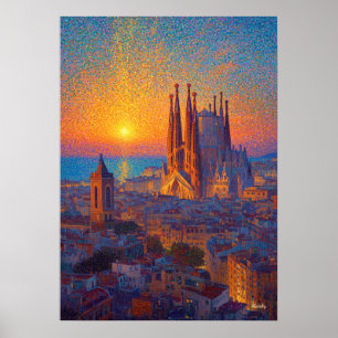 Barcelona Sagrada Familia Pointillismus Sonnenunte Poster