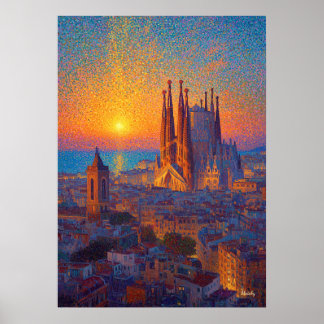 Barcelona Sagrada Familia Pointillismus Sonnenunte Poster