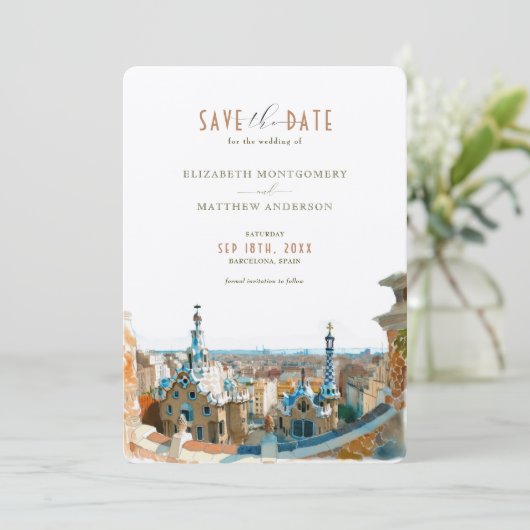 Barcelona Save the Date Zielort Spanien Spanien Sp Einladung (Stehend Vorderseite)