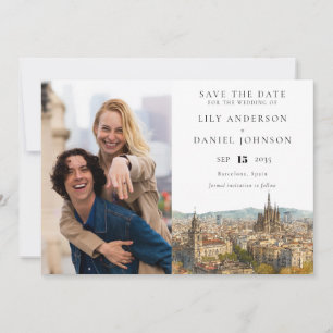 Barcelona Skyline Aquarell-Foto-Hochzeit Save The Date
