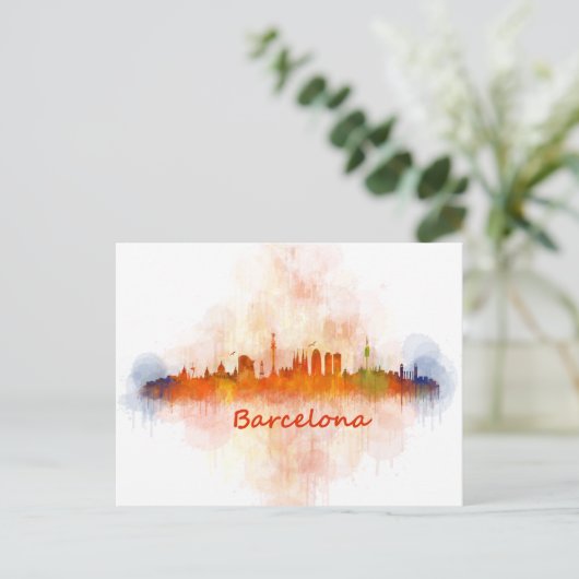 Barcelona Skyline Aquarell v04 Postkarte (Stehend Vorderseite)
