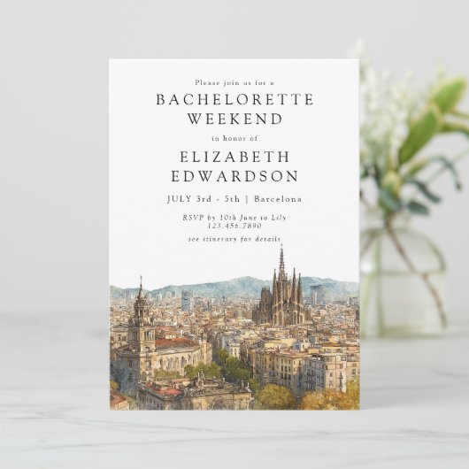 Barcelona Skyline Watercolor Bachelorette Weekend Einladung (Stehend Vorderseite)