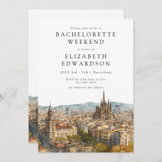 Barcelona Skyline Watercolor Bachelorette Weekend Einladung (Vorne/Hinten)