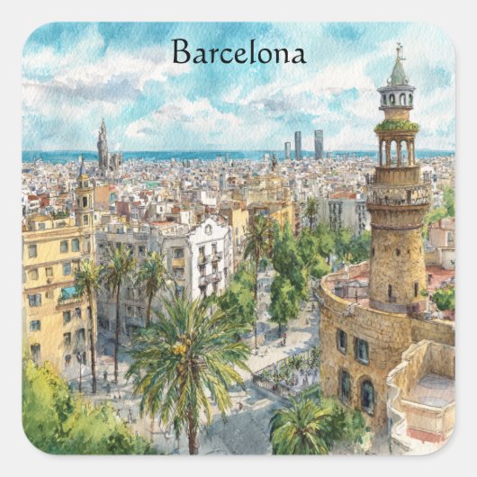 Barcelona Spain Catalonia City VIew Oil Paint Quadratischer Aufkleber (Vorderseite)