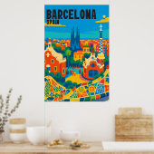 Barcelona Spanien Farbige Luftansicht Reise Poster (Küche)