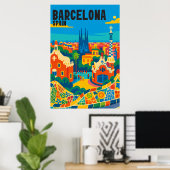 Barcelona Spanien Farbige Luftansicht Reise Poster (Heimbüro)