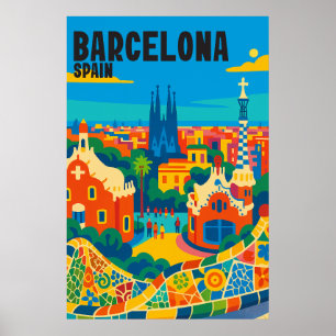 Barcelona Spanien Farbige Luftansicht Reise Poster