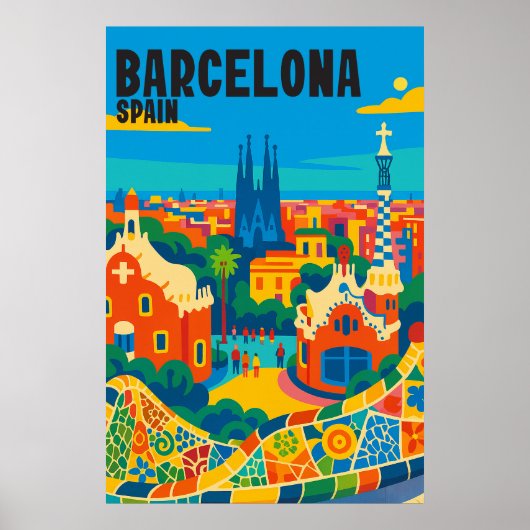 Barcelona Spanien Farbige Luftansicht Reise Poster (Vorne)