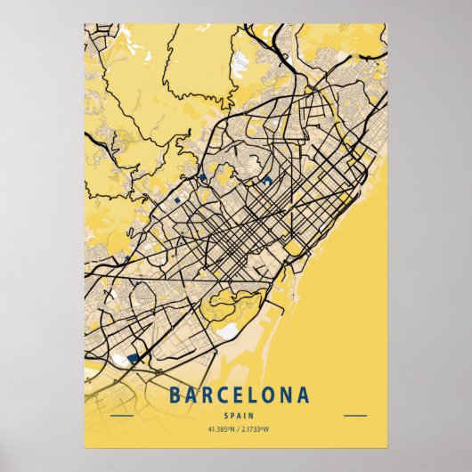 Barcelona - Spanien Gelbe Stadt Karte Poster (Vorne)
