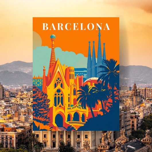 Barcelona Spanien Retro Travel Illustration Postkarte