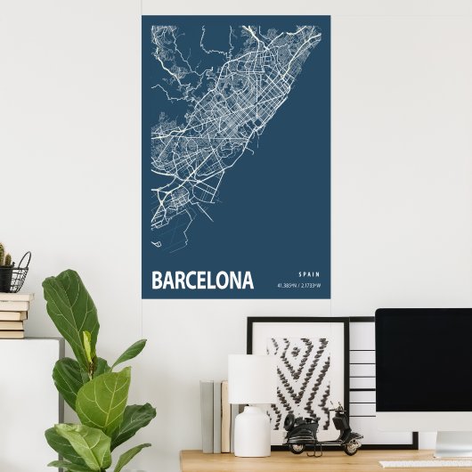 Barcelona Spanien Stadtplan Kunst, Blauen Printwer Poster (Heimbüro)