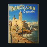Barcelona Spanien Vintage Reisen Postkarte<br><div class="desc">Ein wunderschönes Küstenbild von Barcelona Spanien mit einem 60er Retro-Look und den Worten von Barcelona España.</div>