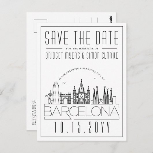 Barcelona | Stilisierte Skyline Save the Date Postkarte (Vorne/Hinten)