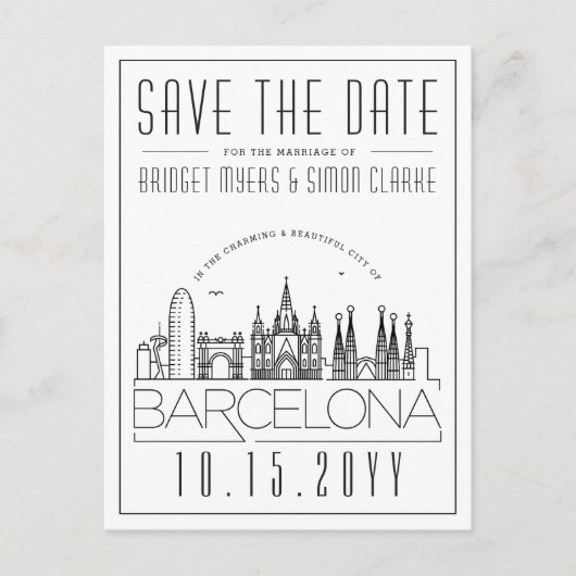 Barcelona | Stilisierte Skyline Save the Date Postkarte (Vorderseite)